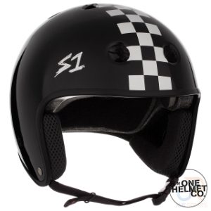 S1 RETRO Helmet - Black Gloss White Check - Angled - SHRLIBGWC